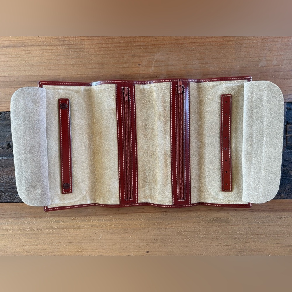 Vintage Suede Leather Traveler Jewelry Roll Case with Buckle closure